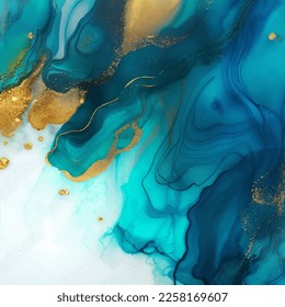 Abstract fluid ink with golden inserts modern background, creative vector design, watercolor texture liquid art, marble wallpaper, blue flow pattern