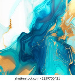 Abstract fluid ink with golden inserts modern background, creative vector design, watercolor texture liquid art, marble wallpaper, blue flow pattern