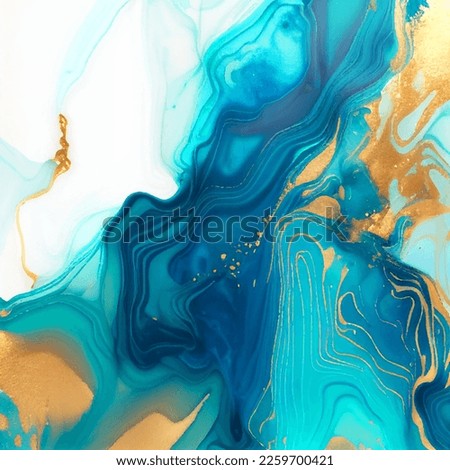 Abstract fluid ink with golden inserts modern background, creative vector design, watercolor texture liquid art, marble wallpaper, blue flow pattern