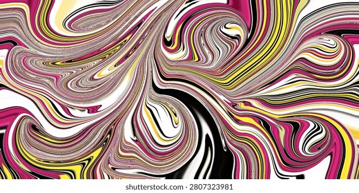 Abstract fluid marble texture background. Dynamic and colorful swirling liquid waves in magenta, yellow, black, and white for modern art.