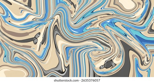 Abstract Fluid Marble Texture with Beige, Blue, and Black Swirls – Modern Liquid Pattern Background