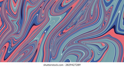 Abstract fluid marble texture combining ocean blue, muted teal, coral pink, and white swirling waves. Modern creative background for commercial use.