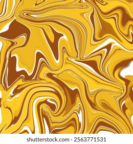 Abstract fluid marble texture in rich golden yellow and warm brown tones, accented with white highlights. This vibrant and luxurious design evokes warmth and energy, making it ideal for branding.