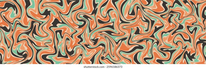 an abstract, fluid marble vector background with a swirl pattern in earthy tones of orange, mint green, black, and beige.