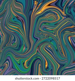 Abstract fluid marble waves with green, teal, and gold lines forming dynamic motion texture. Modern abstract background for art, design, and creative visuals.