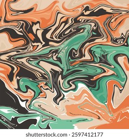 an abstract, fluid, and marbled pattern featuring swirling shades of orange, green, black, and beige. The design has a dynamic and organic flow with a mix of bold and muted tones.