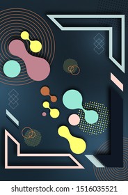 Abstract fluid and modern elements, molecules, geometric frame. Dynamic color shapes and lines. Trendy template for cover design for brochures, web banners, flyers or posters. Vector illustration
