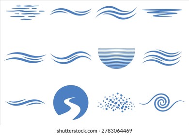 Abstract fluid motion wave patterns collection in bold blue gradient minimalist design for modern branding and digital illustration