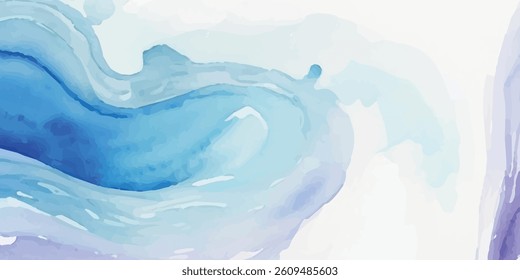 Abstract Fluid Ocean Landscape in Pale Blue and White Watercolor, Reflecting the Endless Movement of Water Through a Delicate, Dreamy, and Airy Composition