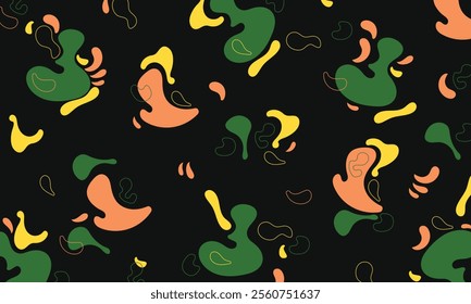 Abstract fluid and organic shapes background template copy space. Colorful abstract pattern on black backdrop.