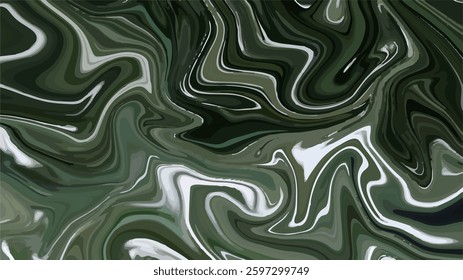 an abstract fluid pattern with swirling shades of dark green, black, and white. The marbled texture gives a sense of movement and depth.