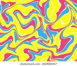 Abstract fluid pattern with swirling vibrant colors of blue, pink, yellow, and orange. 