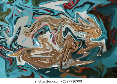 an abstract, fluid pattern with swirls of brown, blue, and white. The organic shapes blend seamlessly, creating a dynamic and flowing composition.