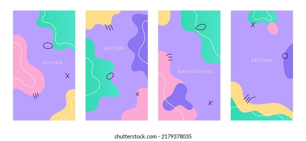 Abstract fluid poster set. Cute flyer for children Dynamic shapes on purple background for banner, cover, header, landing, social media. Vector illustration