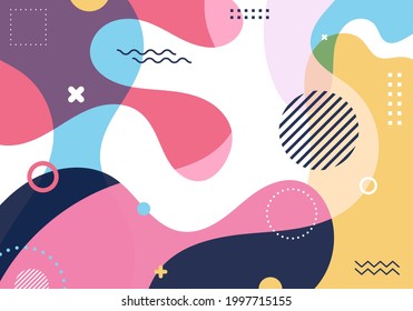 Resumen del fondo salpicado colorido de forma fluido con formas geométricas patrón de elementos en el estilo retro 80-90. Ilustración del vector