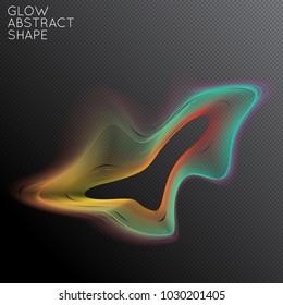 Abstract fluid shape isolated on transparent black background. Bright colorful gradient blend creates liquid motion with transparent glow. Energy power plasma with futuristic edge blur effect.