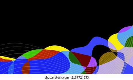 Resumen de la forma del fluido y líneas coloridas sobre el fondo negro. Ilustración gráfica vectorial.