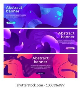 Abstract fluid shapes banner. Softly liquid shape flux, color splash gradient and colorful horizontal banners. Memphis gradients, fluid texture poster. Futuristic vector background set