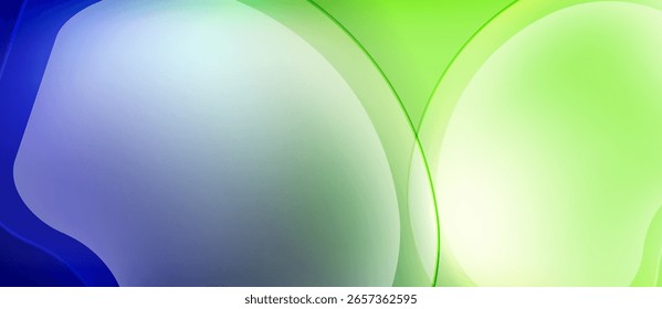Formas fluidas abstratas misturam azuis, verdes, brancos. Gradientes suaves criam formas orgânicas suaves. O design minimalista evoca a atmosfera calma.