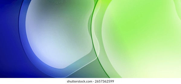 Formas fluidas abstratas misturam azuis, verdes, brancos. Gradientes suaves criam fluxo visual dinâmico. Design minimalista evoca energia calma.