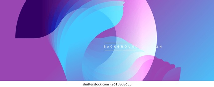 Abstract fluid shapes blend, creating vibrant purple, blue, pink gradients. Modern design evokes movement, energy, smooth transitions.