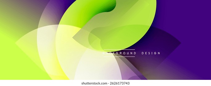 Abstract fluid shapes blend, creating vibrant gradient background. Lime, purple hues dominate composition. Modern design element.