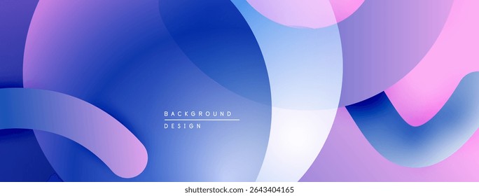 Formas fluidas abstratas se misturam, criando vibrantes gradientes azuis e roxos. O design moderno evoca movimento, profundidade, interesse visual.