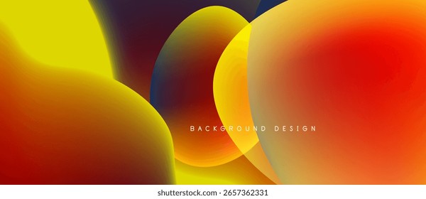 Abstract fluid shapes blend, creating vibrant orange, yellow, purple gradients. Modern design, smooth transitions, dynamic composition.
