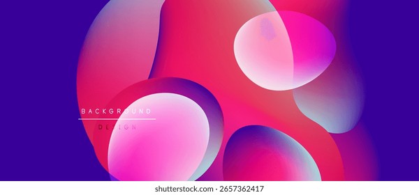 Abstract fluid shapes blend, creating vibrant pinks, purples. Modern design evokes energy, movement, visual interest. Background features text elements.