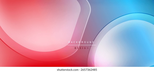 Abstract fluid shapes blend, creating vibrant red, blue gradients. Modern design features soft curves, light effects.