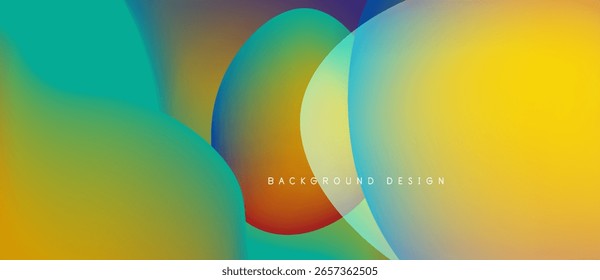 Formas fluidas abstratas se misturam, criando vibrantes gradientes amarelo, verde e laranja. Design apresenta curvas suaves, transições suaves. Texto de fundo presente.