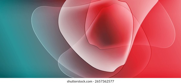 Las Formas fluidas Abstractas se mezclan, creando vibrantes Gradientes rojos y azules. Luz suave, formas translúcidas sugieren movimiento, profundidad. Diseño minimalista.