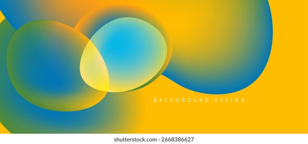 Formas fluidas abstratas se misturam, criando vibrantes gradientes amarelos, alaranjados e azuis. O design moderno evoca energia, movimento, apelo visual.