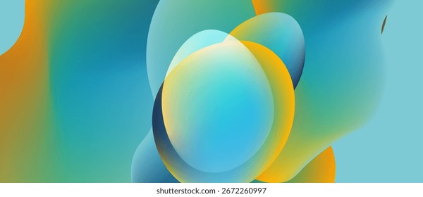 Abstract fluid shapes blend, creating vibrant color gradients. Soft blues, yellows, oranges dominate composition. Smooth transitions suggest movement.