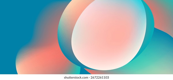 Las Formas de fluido Abstractas se mezclan, creando Gradientes suaves. Los Colores van desde el turquesa hasta el melocotón, evocando un ambiente tranquilo. Diseño minimalista.