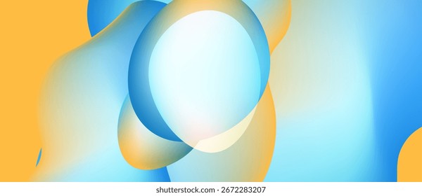 Abstract fluid shapes blend, creating soft gradients. Orange, blue hues dominate composition. Minimalist design evokes calm feeling.