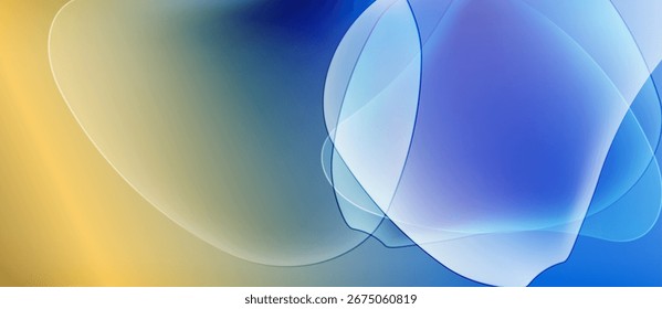 Las Formas de fluido Abstractas se mezclan, creando Gradientes suaves. Los Colores pasan del oro al azul, evocando una atmósfera tranquila. Las texturas lisas dominan la composición.