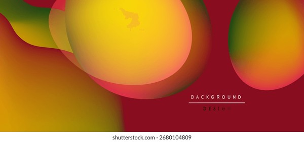 Abstract fluid shapes blend, creating vibrant gradients. Warm colors dominate, with red, orange, yellow hues. Modern design element.