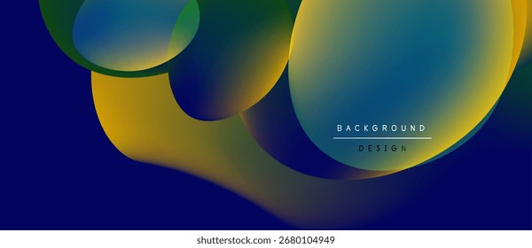 Abstract fluid shapes blend, creating vibrant gradients. Yellows, blues, greens form dynamic composition. Minimal text present.