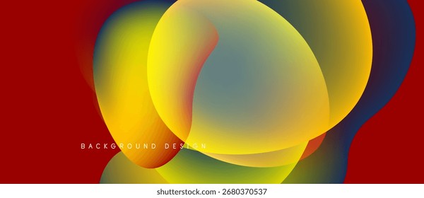 Abstract fluid shapes blend, creating vibrant color gradients. Red, yellow, blue hues dominate design, offering modern aesthetic.