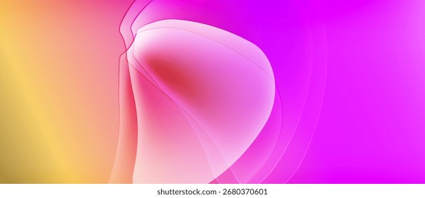 Abstract fluid shapes blend, creating vibrant gradients. Pink, orange, yellow hues dominate composition. Soft light radiates from center.