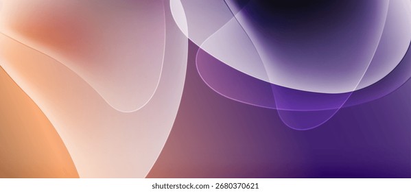 Formas fluidas abstratas se misturam, criando gradientes suaves. Transições de laranja quente em tons roxos frios. Curvas suaves sugerem movimento, interação leve.