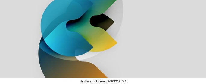 Las Formas fluidas Abstractas se mezclan, creando una composición dinámica y colorida. Los Gradientes suaves sugieren movimiento, interacción ligera. Diseño minimalista.