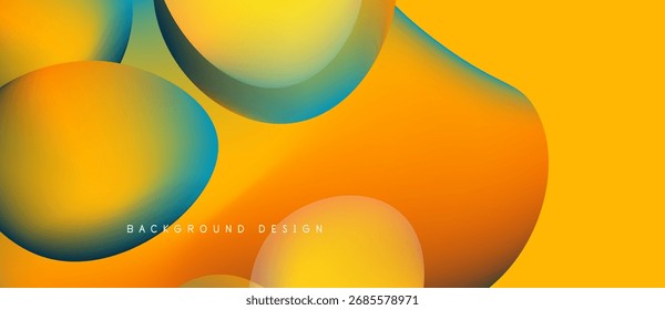 Formas fluidas abstratas se misturam, criando vibrantes gradientes amarelos, alaranjados e azuis. O design moderno evoca energia, movimento, profundidade. Plano de fundo apresenta texto.