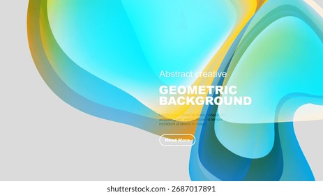 Abstract fluid shapes blend, creating vibrant geometric background. Colors shift, offering modern visual appeal. Text invites further exploration.