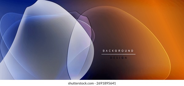 Abstract fluid shapes blend, creating vibrant color gradients. Design features orange, blue hues, smooth transitions. Minimalist text present.