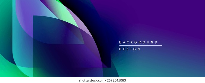 Abstract fluid shapes blend, creating vibrant purple, blue, green gradients. Text reads background design in white. Modern, dynamic composition.