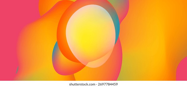 Abstract fluid shapes blend, creating vibrant orange, yellow, pink hues. Soft gradients suggest movement, light interplay.