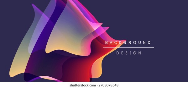 Formas fluidas abstratas se misturam, criando um efeito de gradiente vibrante. Fundo roxo escuro realça elementos de design coloridos. Composição moderna e dinâmica.