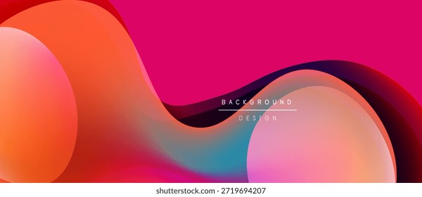 As formas de fluido abstratas se misturam, criando um fundo de gradiente vibrante. Tons rosa, laranja e azul dominam a composição. Elemento de design moderno.